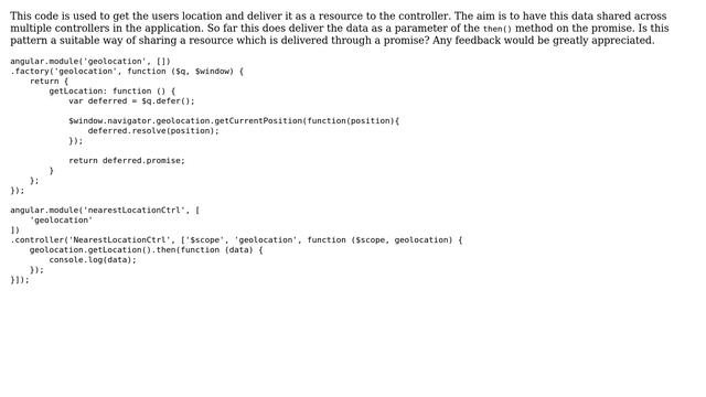 Using $q in Angular JS to pass navigator geo JSON from factory to controller смотреть онлайн