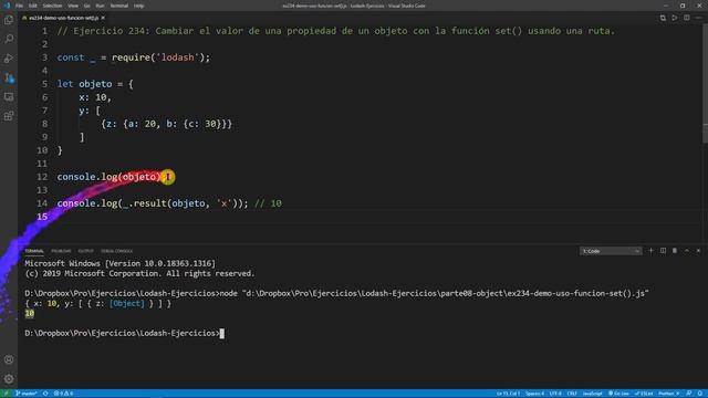 Lodash Ejercicio: 234 Cambiar Valor de una Propiedad de un Objeto con la Función set() con una Ruta смотреть онлайн