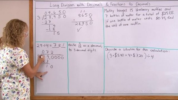 Long division with decimals, plus fractions to decimals