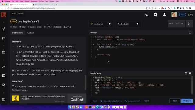 РЕШЕНИЕ задания Codewars для собеседования на JavaScript. Сравнение массивов. Codewars level 6. смотреть онлайн