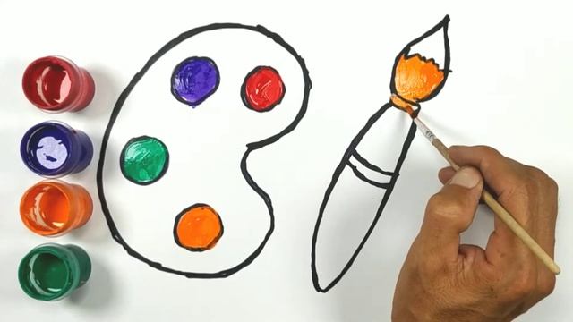 Как нарисовать краски и кисточку  мультик раскраска палитра для детей  учим цвета