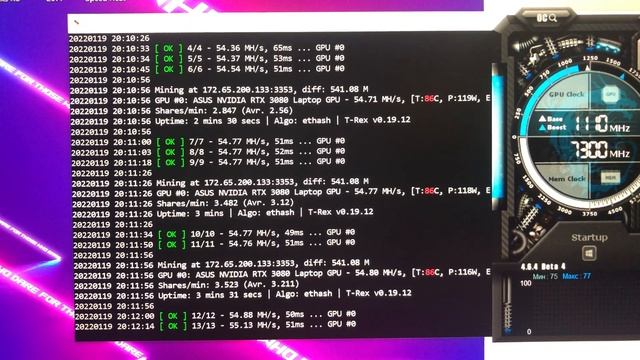 Майнинг на ноутбуке Asus Rog Strix G17 RTX3080 16GB смотреть онлайн