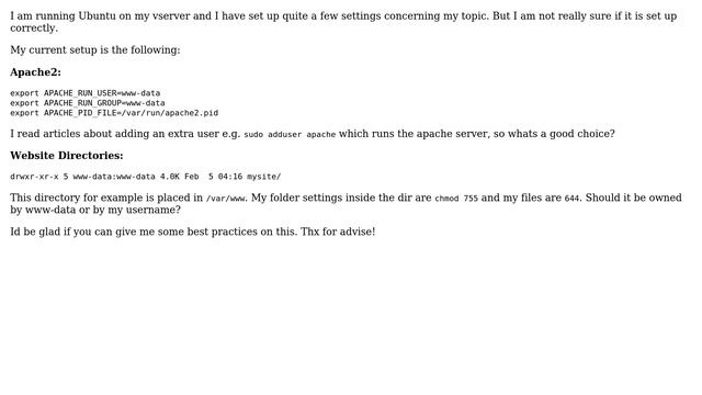 Ubuntu: Optimal owner / permission settings for a website directory running on apache смотреть онлайн