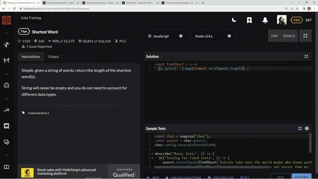 Codewars 7 kyu Shortest Word JavaScript смотреть онлайн