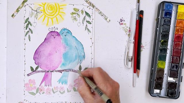 How to Paint Whimsical Love Birds for Beginners | Easy Tutorial to Learn Loose Watercolor Painting смотреть онлайн