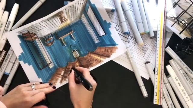 Интерьерный скетчинг / Заливка маркерами / Школа скетчинга Interior Sketch / Ольга Каминская