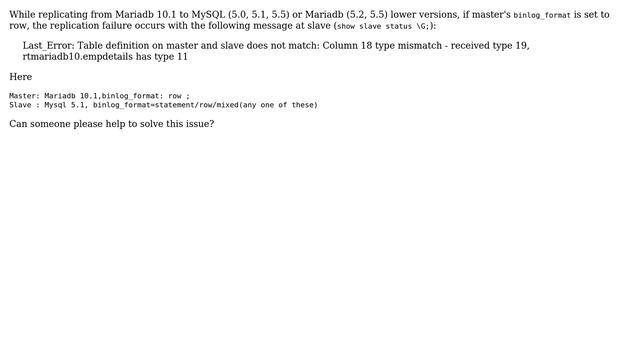 Replication error from Mariadb 10.1 to Mysql 5.1/5.0/5/5 when master's logging format is set to... смотреть онлайн