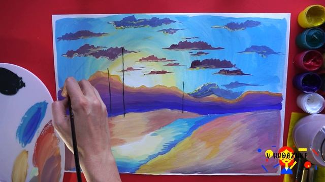 Осенний пейзаж гуашью. Живопись гуашью. Как нарисовать пейзаж. смотреть онлайн