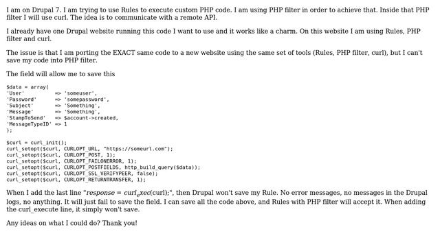 Drupal: PHP filter field behavior with Rules - can't use curl_exec смотреть онлайн
