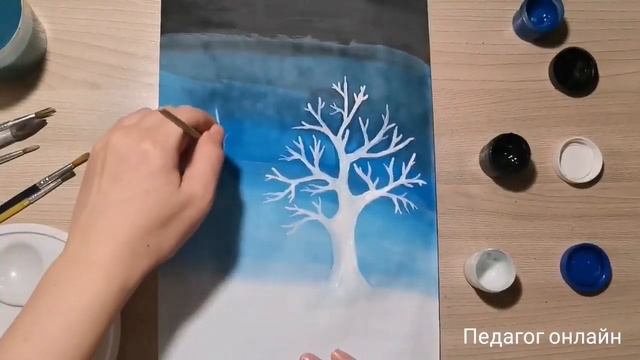 Зимний пейзаж. Рисунок гуашью пошагово. Снежные деревья смотреть онлайн