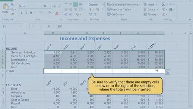 Calculating totals with the quick analysis tool in Microsoft Excel 2013 (Lesson 1.12) смотреть онлайн