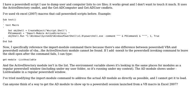 Excel VBA that calls Powershell ActiveDirectory cmdlet, but Module won't load? смотреть онлайн