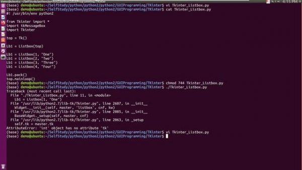 python2 gui, using tkinter Listbox, bug hunting ,AttributeError 'int' object has no attribute 'tk'