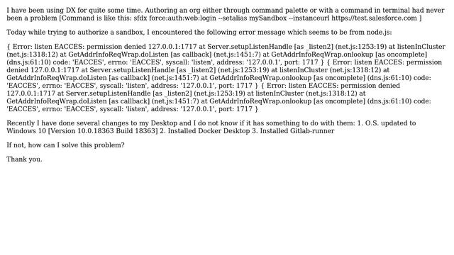Salesforce: SFDX: Authorize an org error: listen EACCES: permission denied 127.0.0.1:1717 смотреть онлайн
