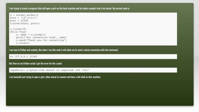 Python sockets error TypeError: a bytes-like object is required, not 'str' with send function смотреть онлайн