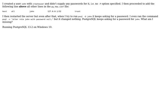 Databases: PostgreSQL keeps asking for user password with "trust" authentication enabled смотреть онлайн