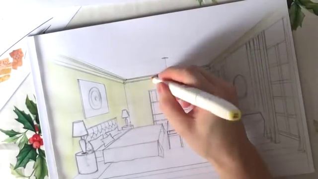 Интерьерный скетчинг маркерами / Построение комнаты в одну точку схода / Sketching для начинающих