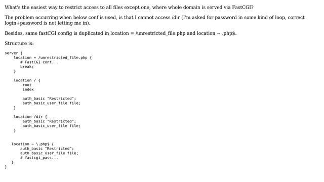 Unrestricted access to a single file + FastCGI with basic_auth for whole domain in nginx смотреть онлайн