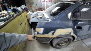 Перекуп готовит авто к покраске в гараже для дальнейшей перепродажи. Восстановление Хёндай Элантра.