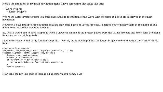 Wordpress: How to hightlight all ancestor menu items of a child page NOT displayed in menu? смотреть онлайн