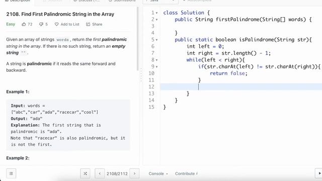 Leetcode | 2108. Find First Palindromic String in the Array | Easy | Java Solution смотреть онлайн