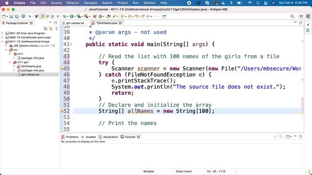 Java M11GA1P1b Girls Teams - Read names in array смотреть онлайн