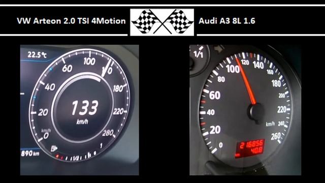 VW Arteon 2.0 TSI 4Motion VS. Audi A3 8L 1.6 - Acceleration 0-100km/h смотреть онлайн