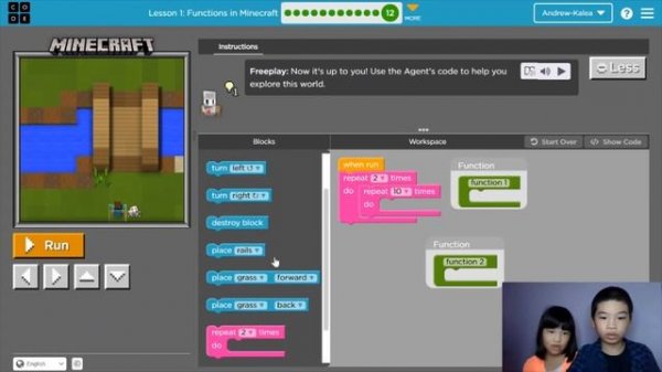 How to Code MINECRAFT in Code.org: Course F Lesson 1: Functions in Minecraft Puzzle 11-12
