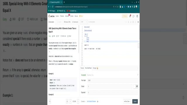 1608. Special Array With X Elements Greater Than or Equal X смотреть онлайн