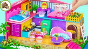 Фиолетовый домик с двумя спальнями и мебелью из картона и бумаги для кукол #45