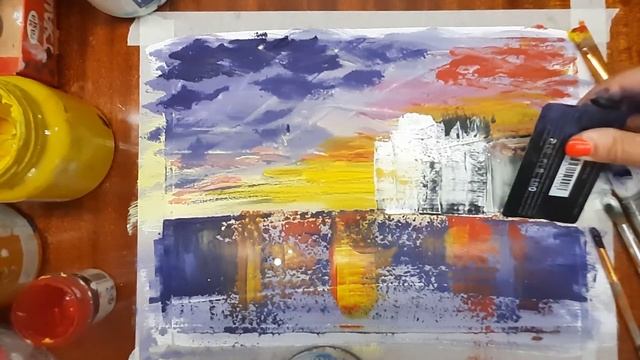 Рисуем вечерний город. Рисуем закат в городе. Рисуем город гуашью. Интерьерная картина. смотреть онлайн