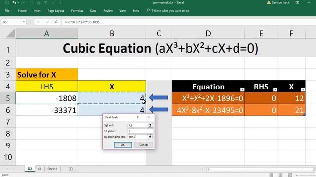 EXCEL: How to Solve Cubic Equation POLYNOMIAL of Degree 3 with one variable using Goal Seek in exce смотреть онлайн