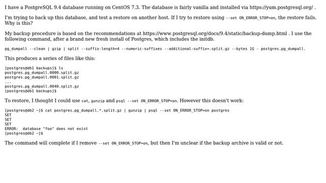 Backing up & restoring Postgres using pg_dumpall, split & gzip & --set ON_ERROR_STOP=on смотреть онлайн