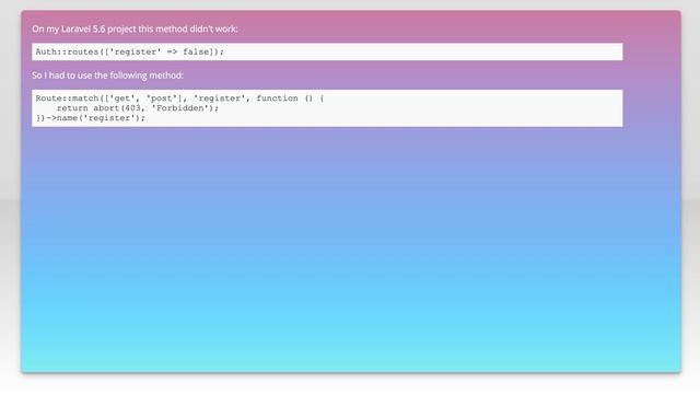 Laravel 5.4 Disable Register Route смотреть онлайн