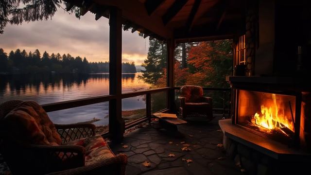 Sitting In Cozy Porch By The Lakeside Ambient With Lake Waves Sound And Crackling Fireplace To Slee