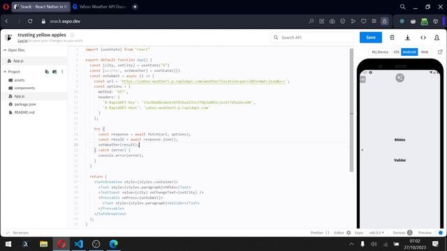 APPRENDRE REACT NATIVE POUR DEBUTANT : Projet Complet avec API смотреть онлайн