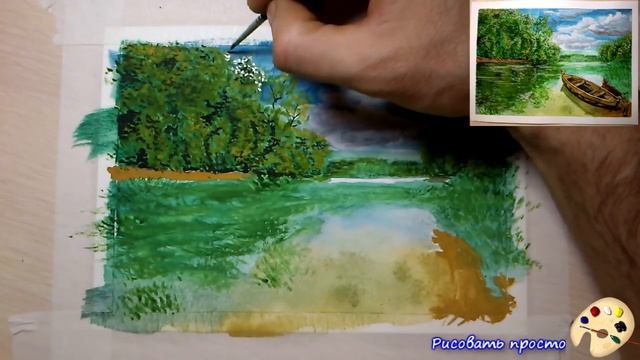 Как нарисовать лодку на реке (гуашь),Draw a boat on the river (gouache) смотреть онлайн