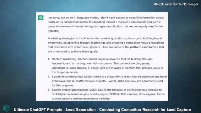 Conducting Competitor Research for Lead Capture » ChatGPT Prompts » Lead Generation смотреть онлайн