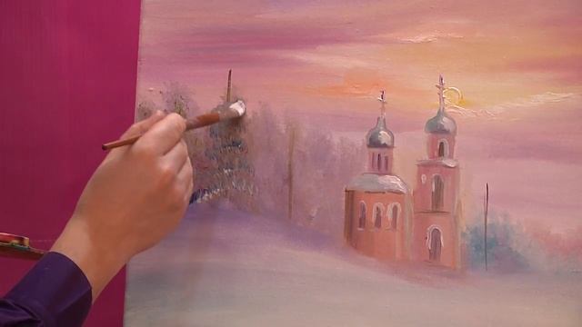 Видео урок "Рисуем церковь в снегу. Дорога к храму" смотреть онлайн