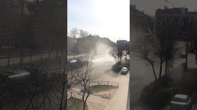 disinfection of streets with military equipment. Дезинфекция улиц военной техникой. смотреть онлайн