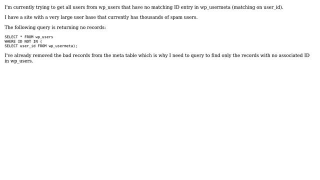 Wordpress: Query to Get All Users from wp_users With NO matching user_id In wp_usermeta смотреть онлайн