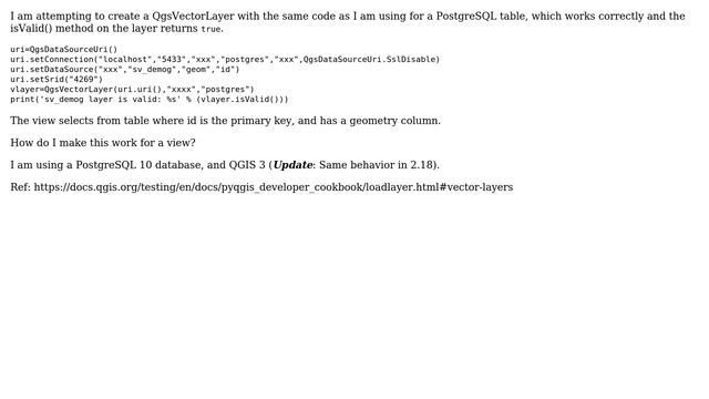 GIS: How to create a valid QgsVectorLayer from a PostgreSQL view? смотреть онлайн