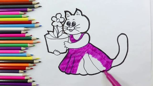 Раскраска для детей КОШКА И ЦВЕТОЧЕК | Мультик раскраска |Учение цвета |Как нарисовать и разукрасит смотреть онлайн