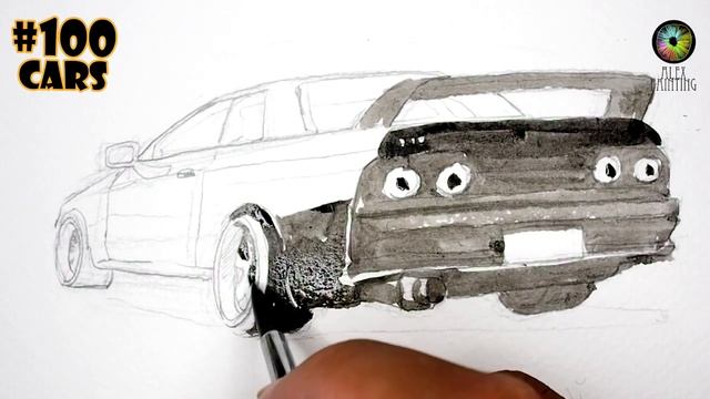 100 Cars Draw | NO.5 | Watercolor  | Painting Process | Nissan Skyline R32 GTR
