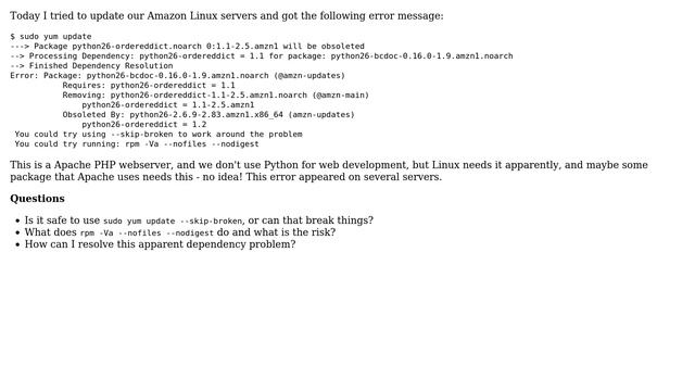 Unix & Linux: Yum update error - Requires: python26-ordereddict (2 Solutions!!) смотреть онлайн