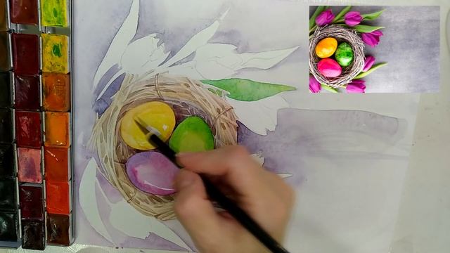 Как нарисовать Пасхальную открытку | Гнездо с яйцами и тюльпаны акварелью #пасха #яйца #тюльпаны смотреть онлайн