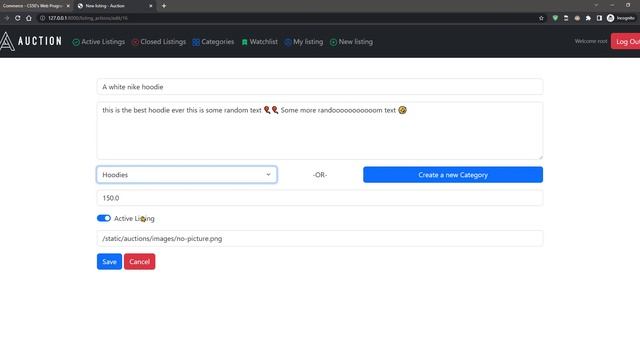 Project 2 : Commerce - CS50’s Web Programming with Python and JavaScript смотреть онлайн