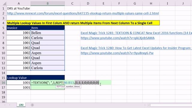 Excel Magic Trick 1282: Lookup And Return Multiple Items to a Single Cell: TEXTJOIN Function смотреть онлайн