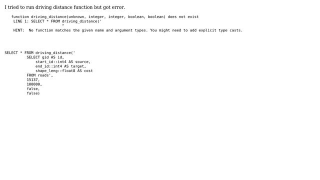 GIS: pgrouting: function driving_distance does not exist смотреть онлайн