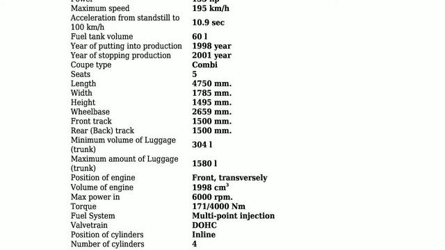 Kia - Clarus Combi (GC) - 2.0 I 16V (133 Hp) - Technical Specifications
